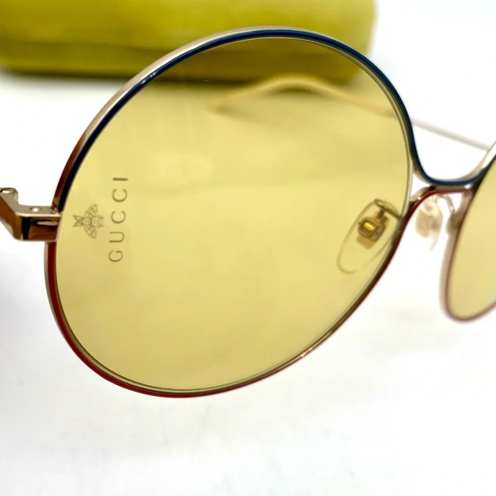Gucci Round Blue and Red Metal Sunglasses with Yellow Lenses